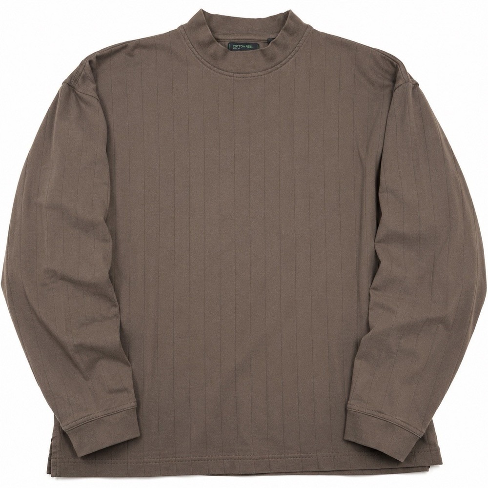 Cotton Reel Ribbed Mock Neck Long Sleeve Shirt Brown Taupe Men's Large Vintage